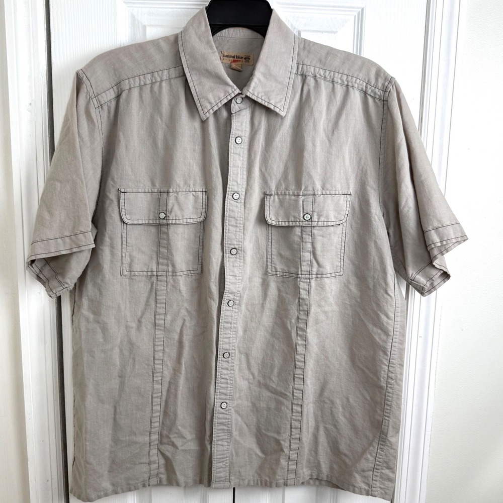Natural Blue Linen Blend Shirt Mens L Beige Short Sleeve Safari Utility‎